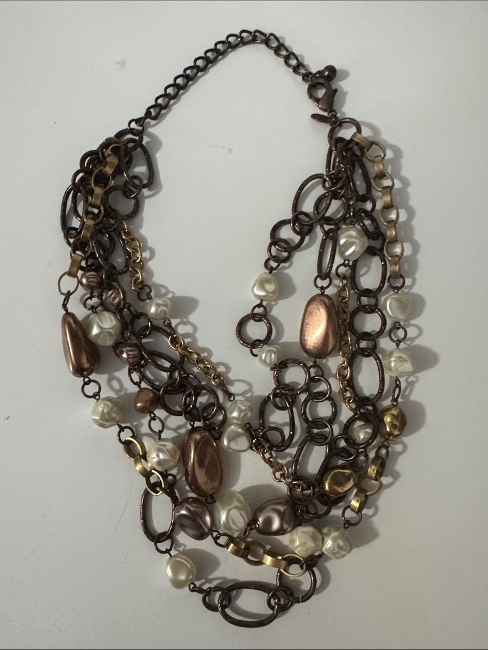 Chico's Multi-Strand Mixed Metal and Pearl Necklace - Bronze, Gold, White